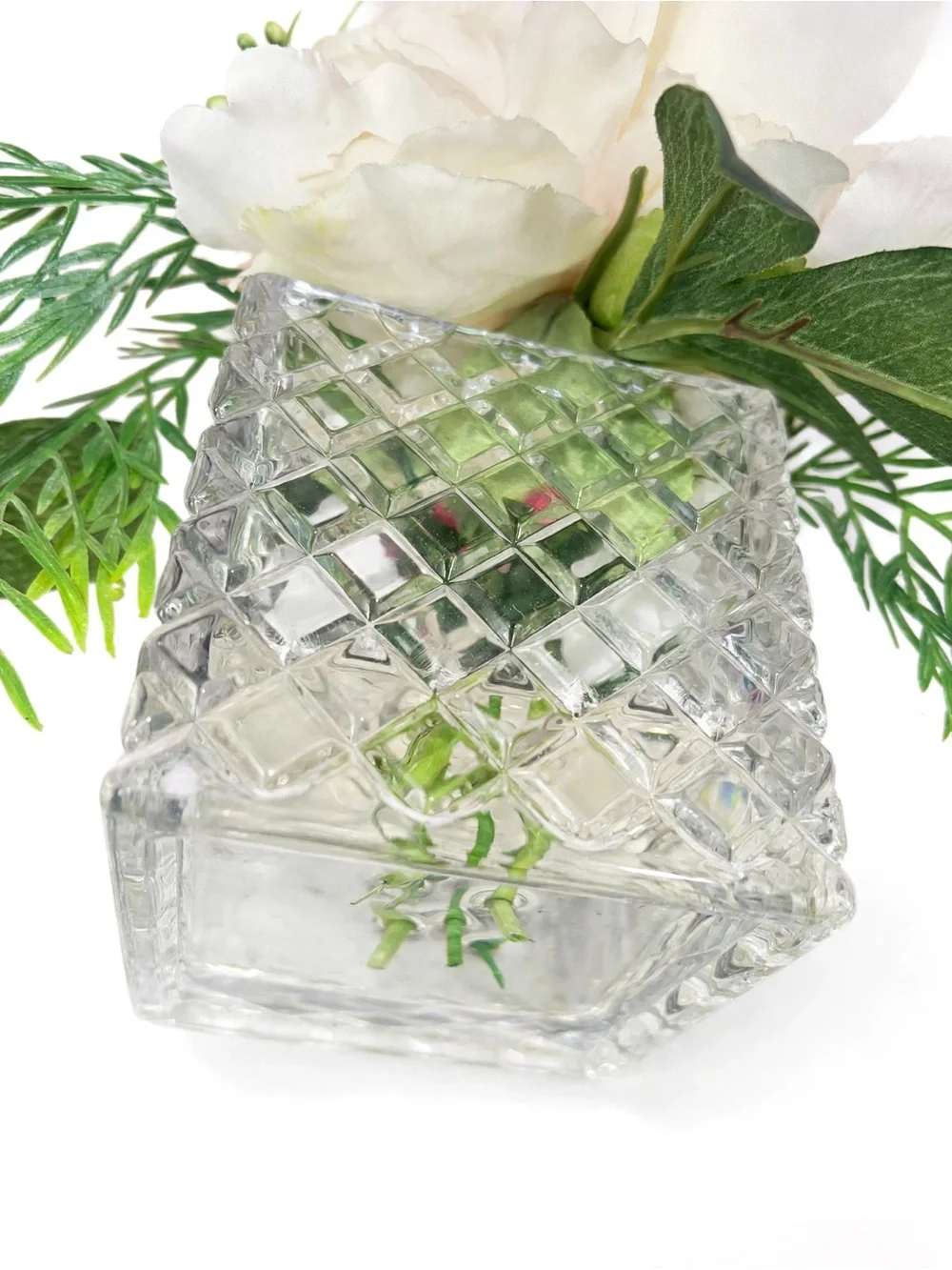 Crystal Diamond Cut Square Vase Faux Peony Bouquet Arrangement Peach Cream White